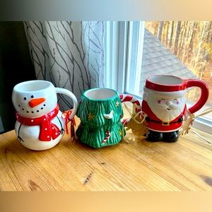 NWT Rare 3 Hand Painted Holiday Coffee Mugs Snowman Mug Santa Mug Christmas Tree